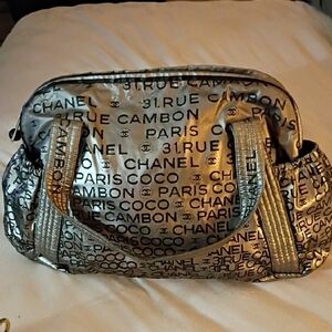 Chanel Metallic Silver Paris Print Travel Bag